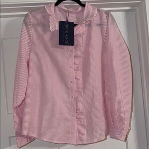 Pink and White Ruffled Button-Up Blouse